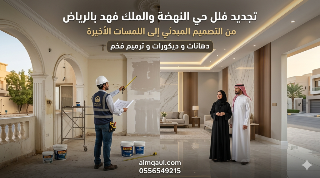تجديد فلل حي النهضة تجديد فلل الرياض، ترميم فلل حي الملك فهد، مقاول ترميم بالرياض، دهانات داخلية حديثة، تصميم داخلي فلل، تشطيب فلل فخم، ترميم منازل بالرياض، معلم دهانات محترف.